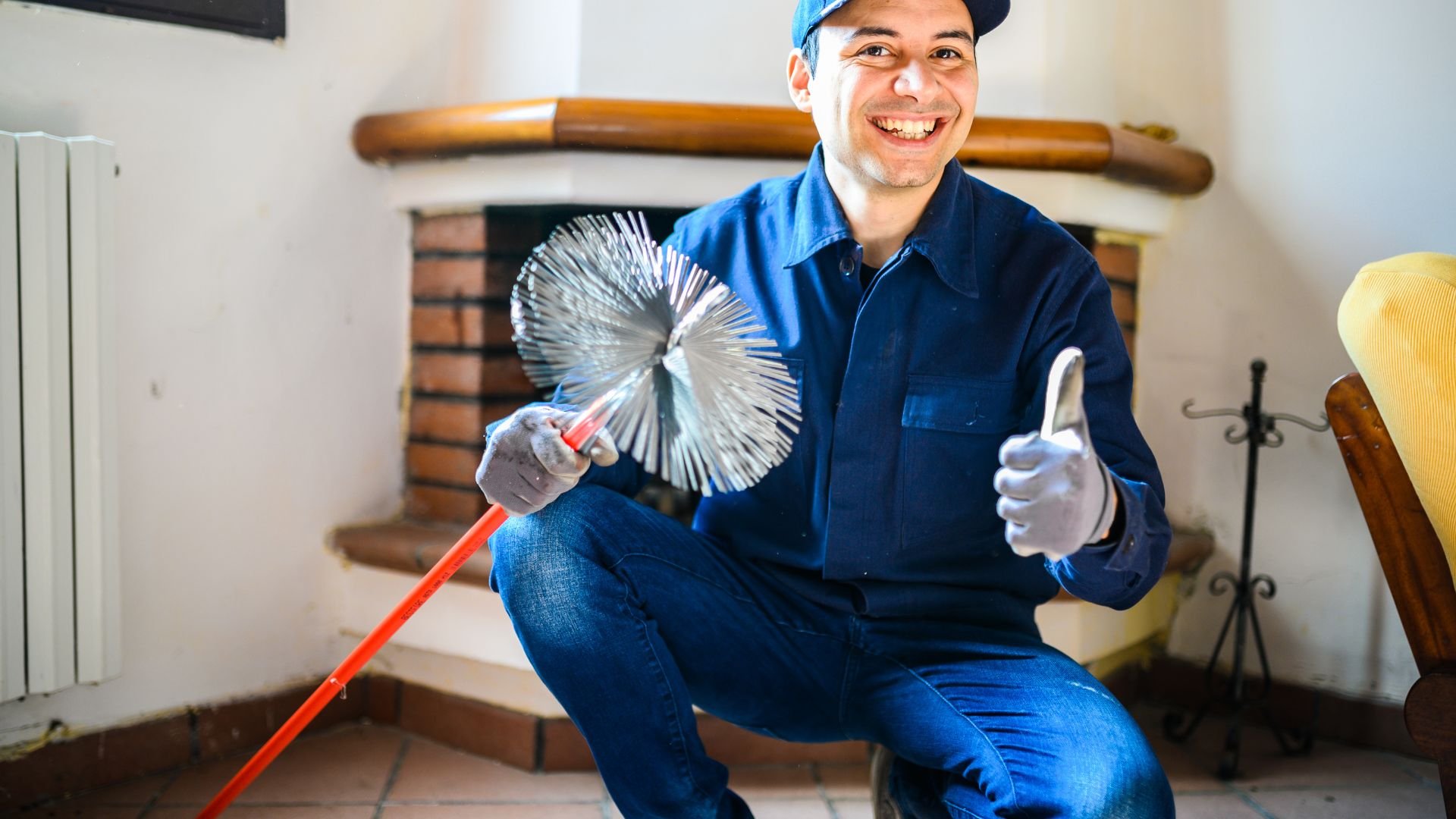 Chimney sweep smiling and giving thumbs up with cleaning brush